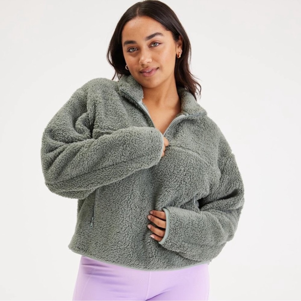 girlfriend collective Olive Green Sherpa Half-Zip Pullover